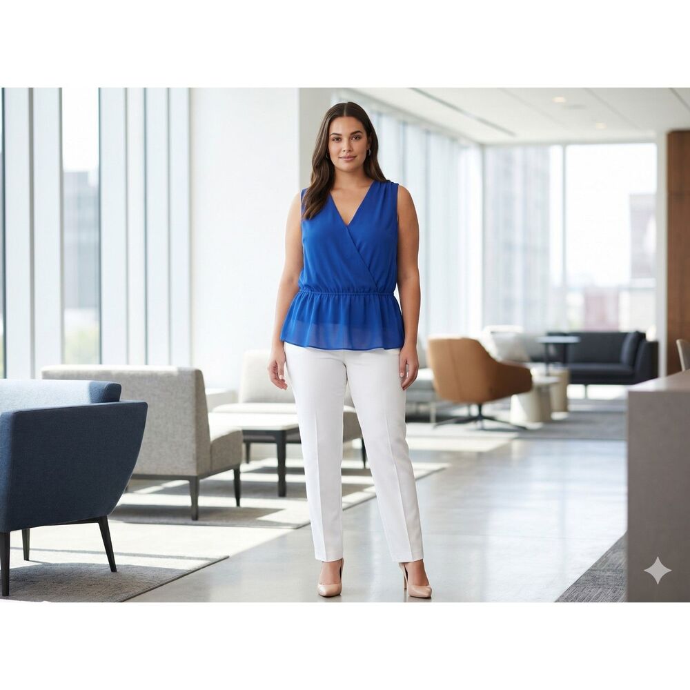 Banana Republic Peplum Blouse Womens Large Blue Sleeveless Wrap V-Neck Chiffon